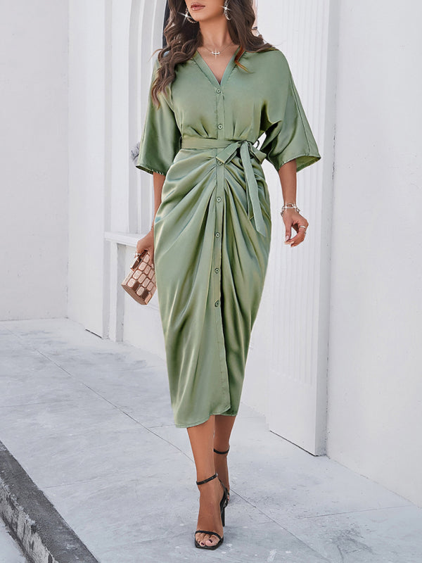 Elegant Solid Color Waist-Cinching Dress – Graceful Spring-Summer Style