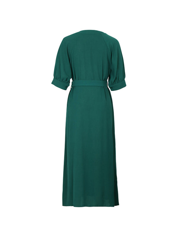 V-Neck Mid-Sleeve Green Belted Dress – Elegant Spring-Summer Fit