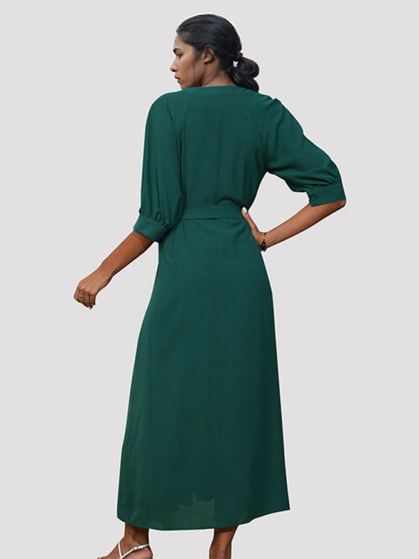 V-Neck Mid-Sleeve Green Belted Dress – Elegant Spring-Summer Fit