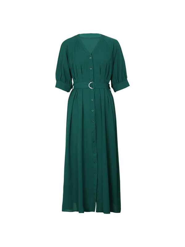V-Neck Mid-Sleeve Green Belted Dress – Elegant Spring-Summer Fit