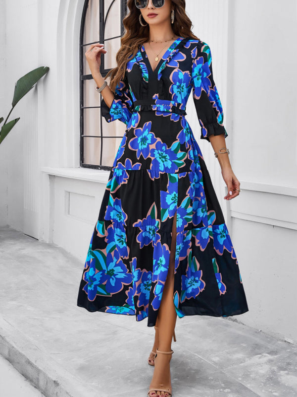 Printed V-Neck Slit Maxi Dress – Spring-Summer Holiday Style