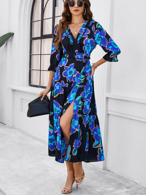 Printed V-Neck Slit Maxi Dress – Spring-Summer Holiday Style