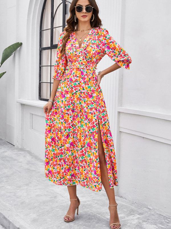 Printed V-Neck Slit Maxi Dress – Spring-Summer Holiday Style
