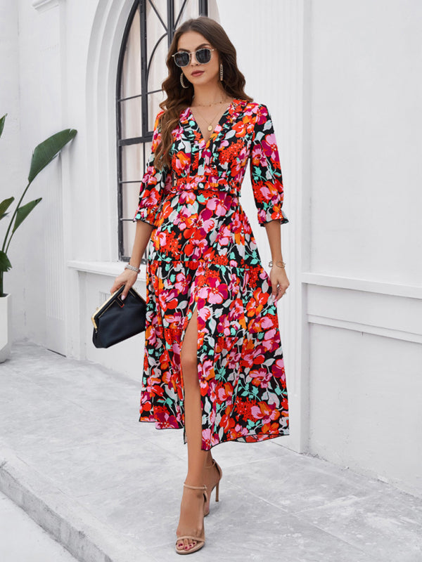 Printed V-Neck Slit Maxi Dress – Spring-Summer Holiday Style