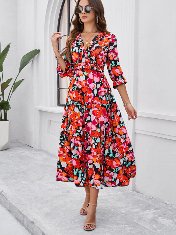 Printed V-Neck Slit Maxi Dress – Spring-Summer Holiday Style