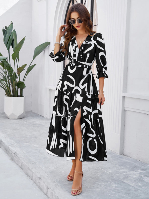 Printed V-Neck Slit Maxi Dress – Spring-Summer Holiday Style