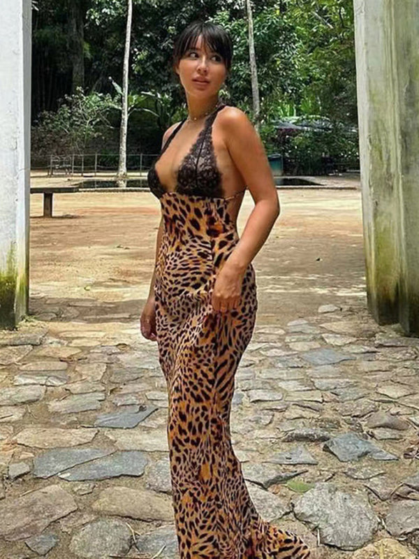Leopard Lace Backless Bodycon Dress