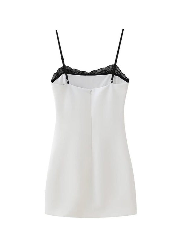 Lace Spliced White Short Suspender Dress – Elegant Spring-Summer Style