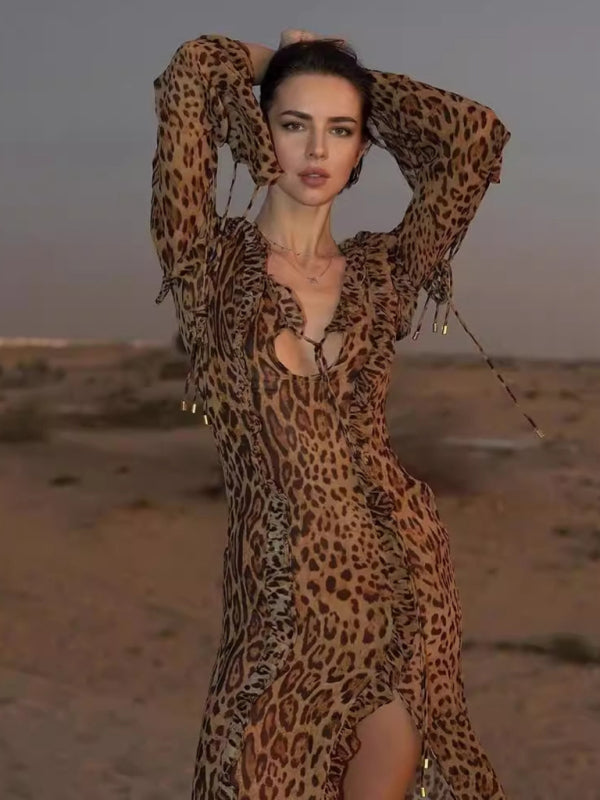 Leopard Print Maxi Dress with Slit & Long Sleeves