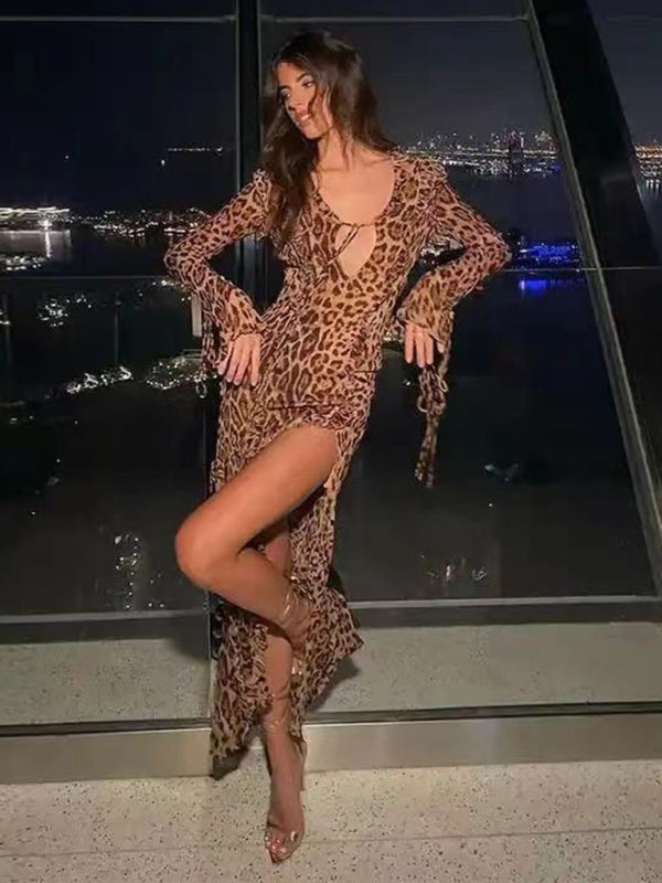 Leopard Print Maxi Dress with Slit & Long Sleeves