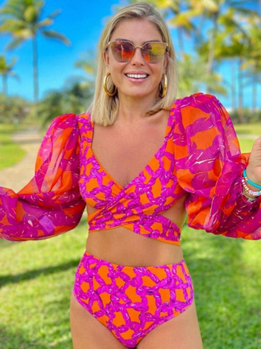 Printed Long Sleeve Bikini Set – Tropical Pattern & Moderate Stretch