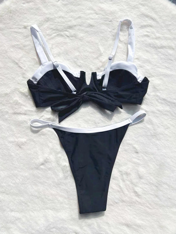 Low-Waisted Black Bikini Set – Sexy Stitch Cutout Design & Stretch Fit