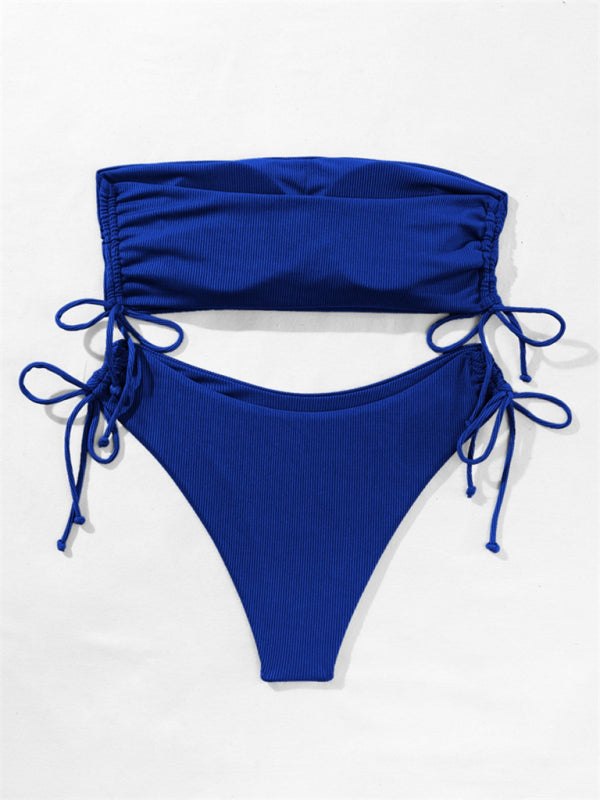 Split Bandeau Strap Bikini – Solid Color Two-Piece Swimsuit in Multiple Shades