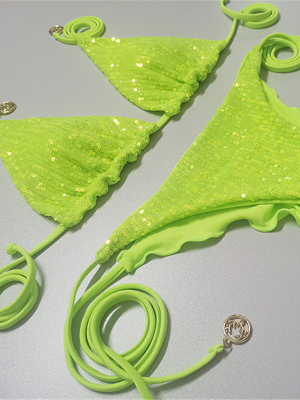 Sequin Triangle Bikini – Multi-Color Two-Piece with Adjustable Straps
