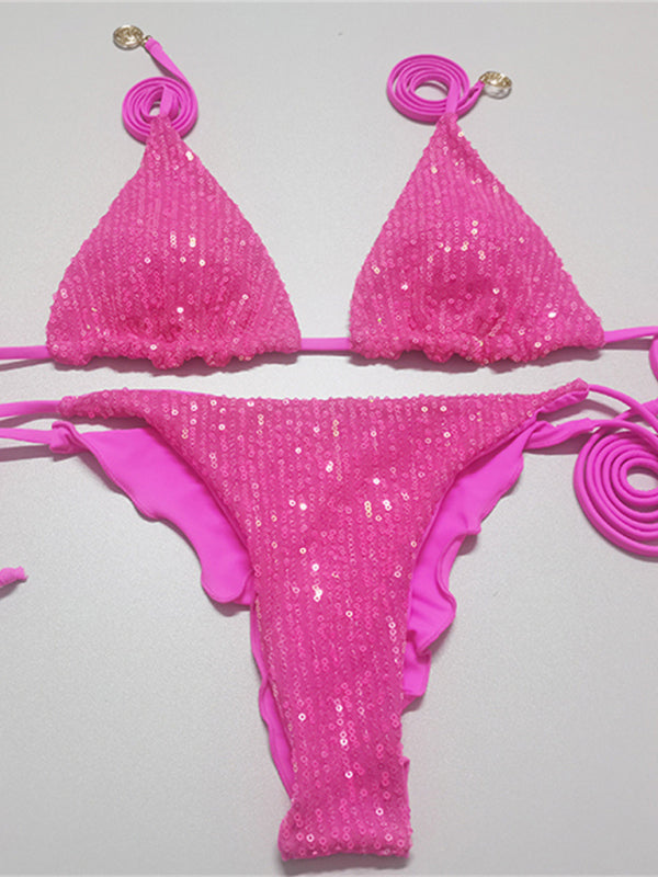 Sequin Triangle Bikini – Multi-Color Two-Piece with Adjustable Straps