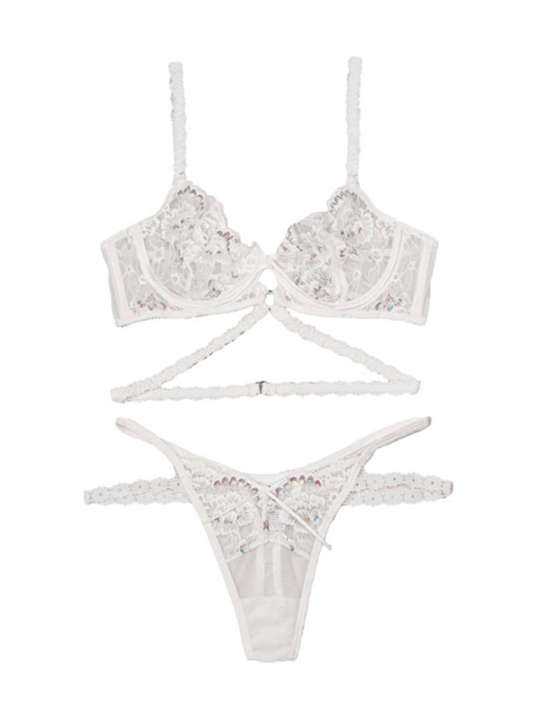 Embroidered Lace Lingerie Set – 3-Piece Bra, Thong & Garter with Underwire