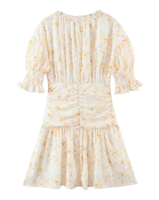 Romantic Pleated Pastoral Dress – Full Body Print, Spring-Summer Style