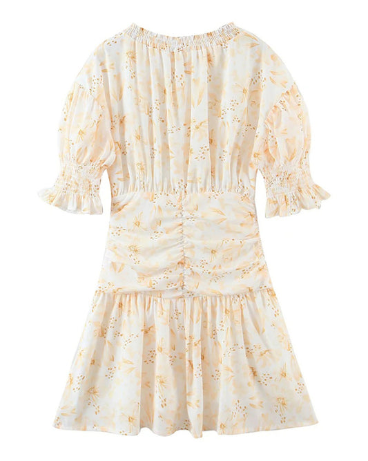 Romantic Pleated Pastoral Dress – Full Body Print, Spring-Summer Style