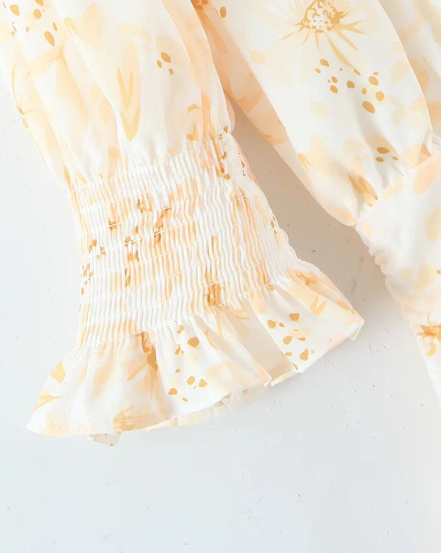 Romantic Pleated Pastoral Dress – Full Body Print, Spring-Summer Style