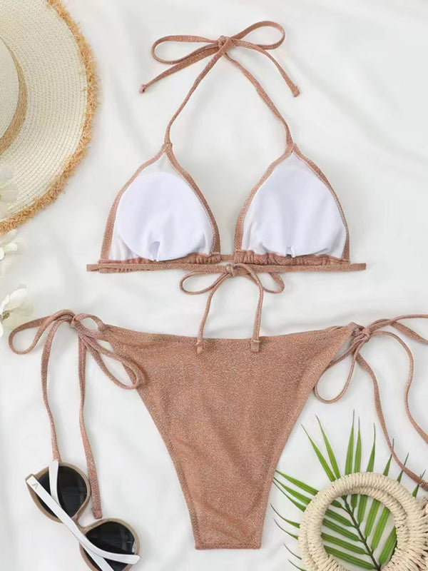 Ensemble bikini dos nu à bretelles – Design fendu sexy en couleurs unies