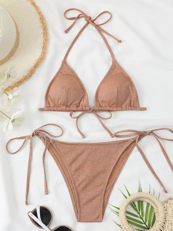 Ensemble bikini dos nu à bretelles – Design fendu sexy en couleurs unies