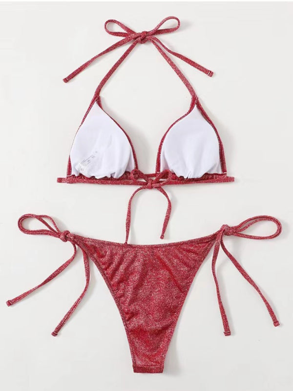 Ensemble bikini dos nu à bretelles – Design fendu sexy en couleurs unies