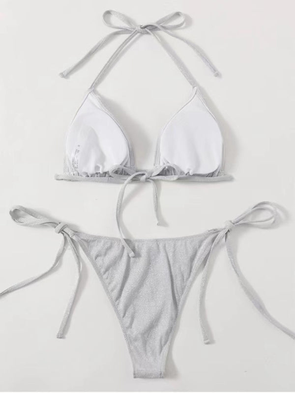 Ensemble bikini dos nu à bretelles – Design fendu sexy en couleurs unies