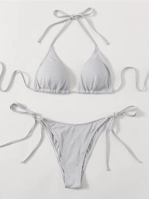 Ensemble bikini dos nu à bretelles – Design fendu sexy en couleurs unies