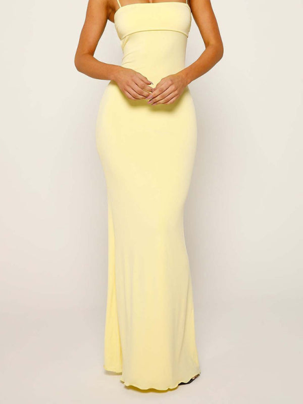 Slim Fit Backless Suspender Dress – Solid Yellow, Sexy Spring Summer Style