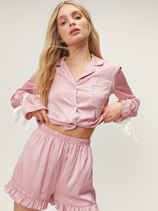 Lapel Long-Sleeve Top & Shorts Lounge Pajama Set – Soft Polyester Blend