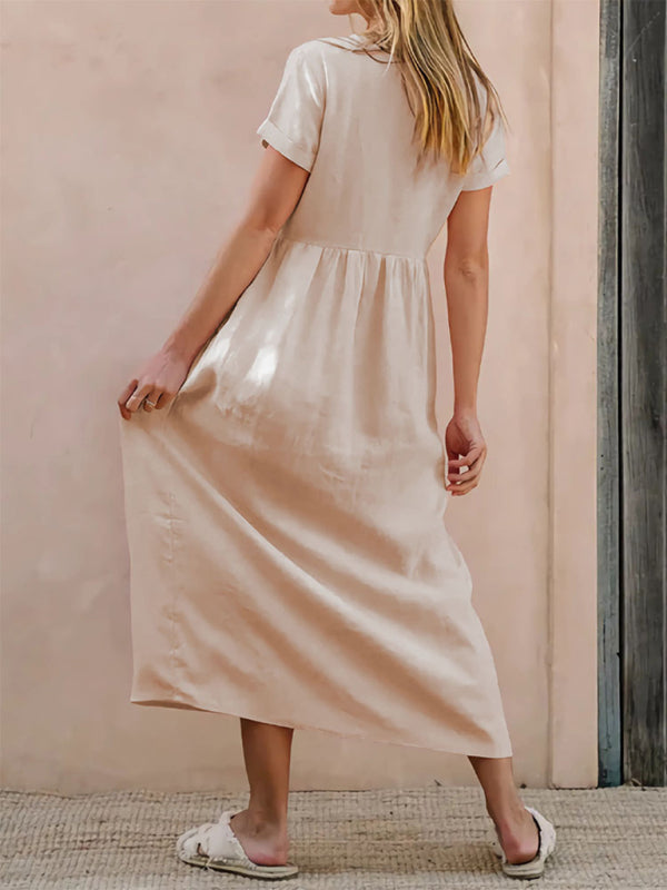 Lockeres Kleid aus Baumwolle in Cracker Khaki – Elegante, langärmlige Freizeitkleidung für den Frühling