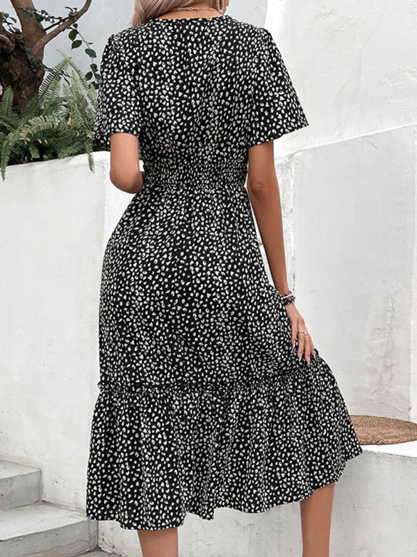 Graphic Print Midi Dress – Irregular Waist Detail, Lightweight & Chic