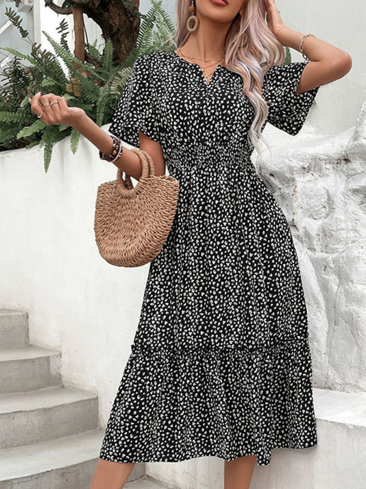 Graphic Print Midi Dress – Irregular Waist Detail, Lightweight & Chic