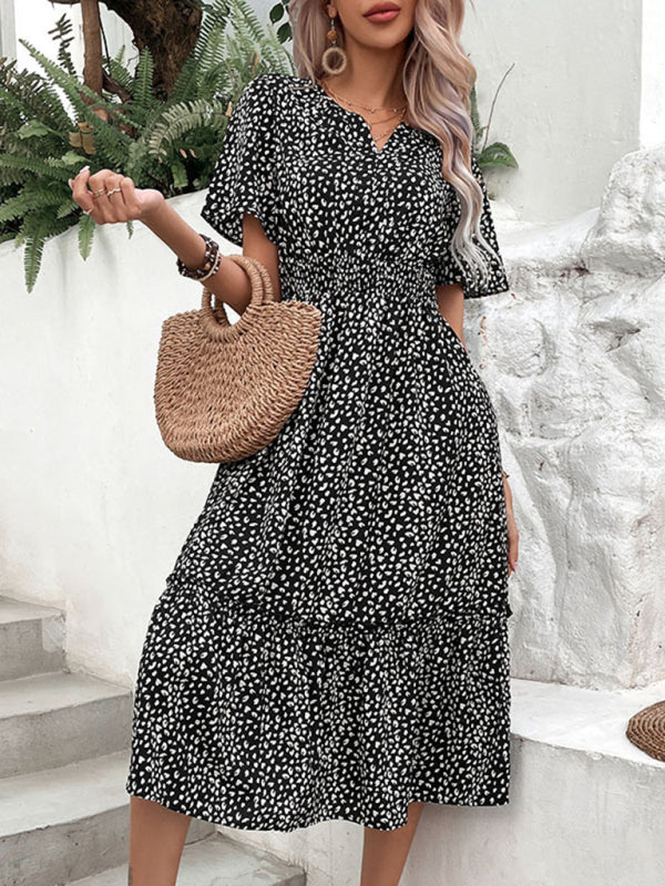 Graphic Print Midi Dress – Irregular Waist Detail, Lightweight & Chic
