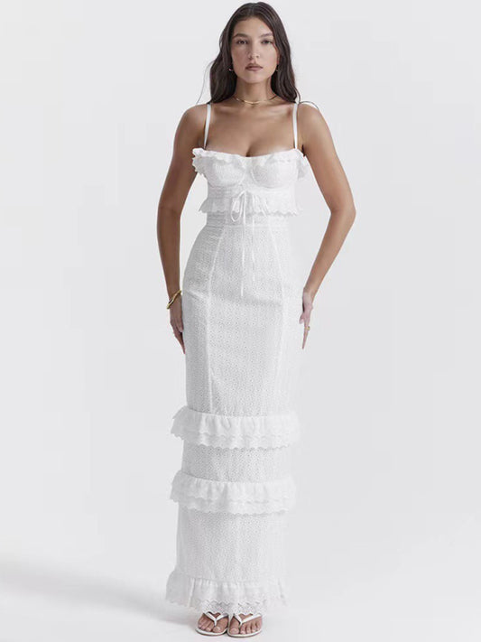Weißes Maxikleid aus Baumwolle mit Klettverschluss und Hosenträgern – Slim Fit im französischen Stil