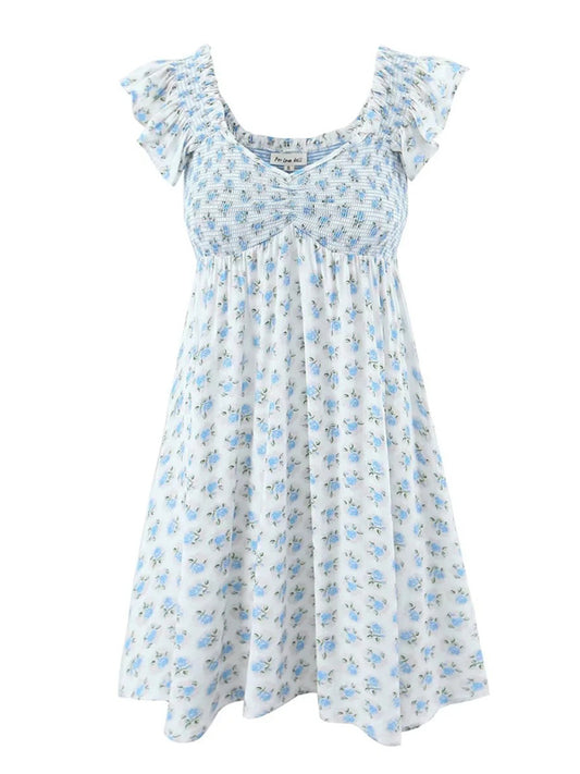 Blue Floral V-Neck Pleated Dress – Flying Sleeves & Romantic Fit
