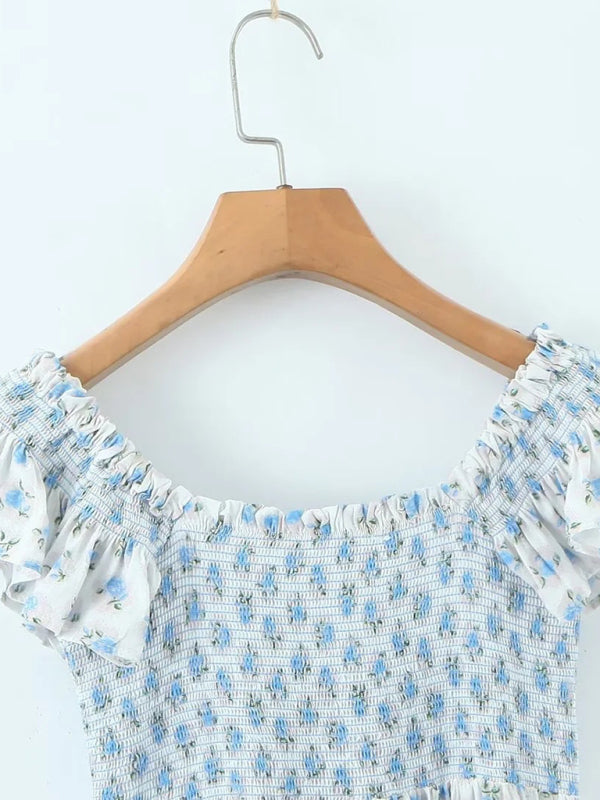 Blue Floral V-Neck Pleated Dress – Flying Sleeves & Romantic Fit
