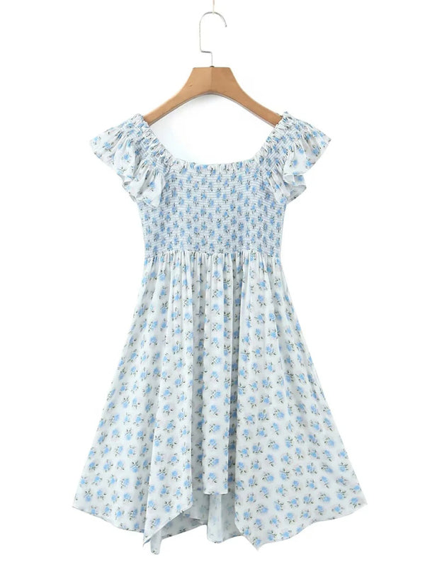 Blue Floral V-Neck Pleated Dress – Flying Sleeves & Romantic Fit