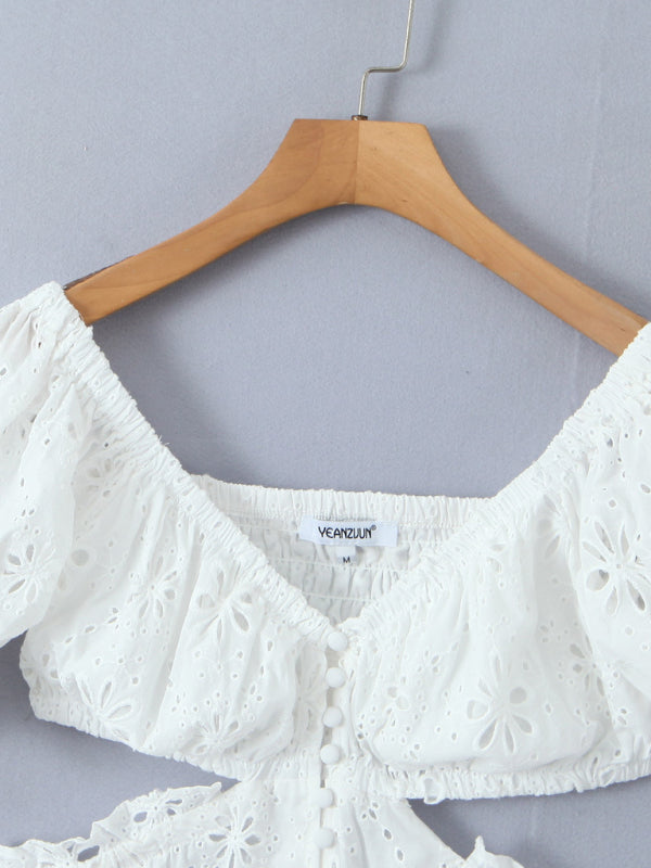 One-Shoulder Lace Backless Mini Dress – Romantic Knit Cotton, White