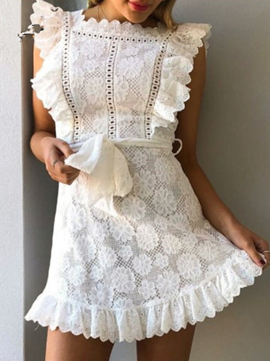 Embroidered Lace Ruffle Dress – Elegant Spring-Summer Style