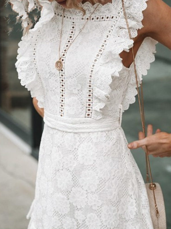 Embroidered Lace Ruffle Dress – Elegant Spring-Summer Style