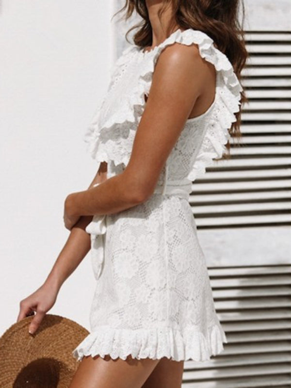 Embroidered Lace Ruffle Dress – Elegant Spring-Summer Style