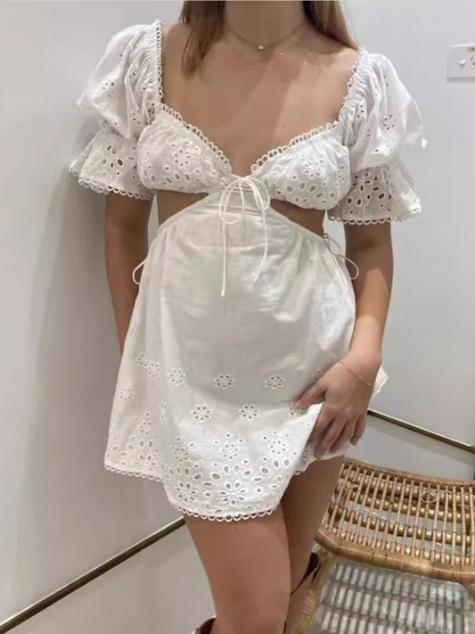 Romantic French Lace Deep V-Neck Short Dress – Hollow Waist, Cotton Blend