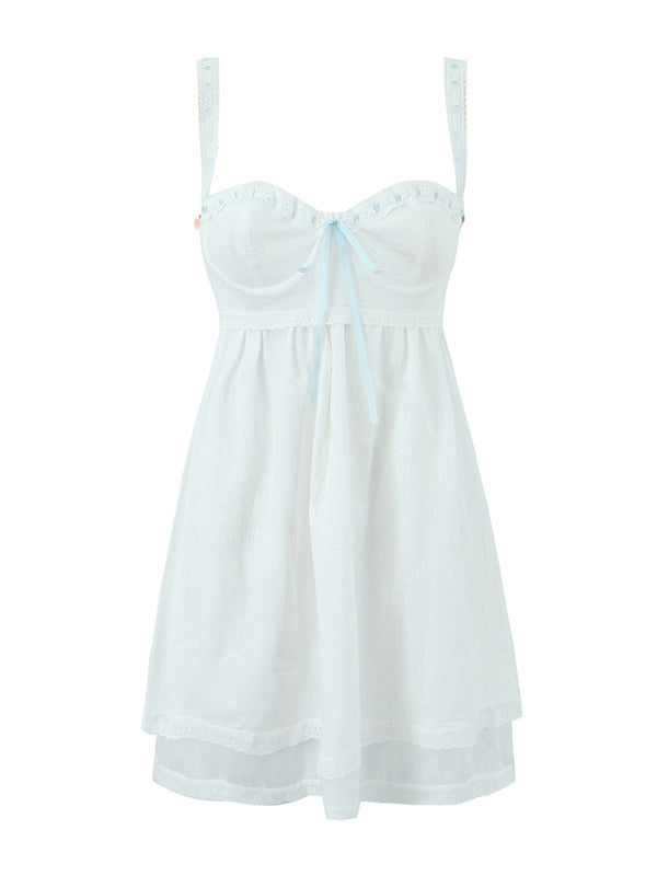 Lace Suspender Mini Dress – Romantic Square Neck in Cotton Blend, White