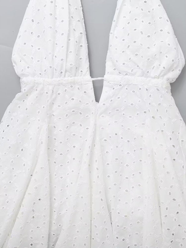 White Embroidered Cotton Halterneck Mini Dress - Backless Strappy Summer Style