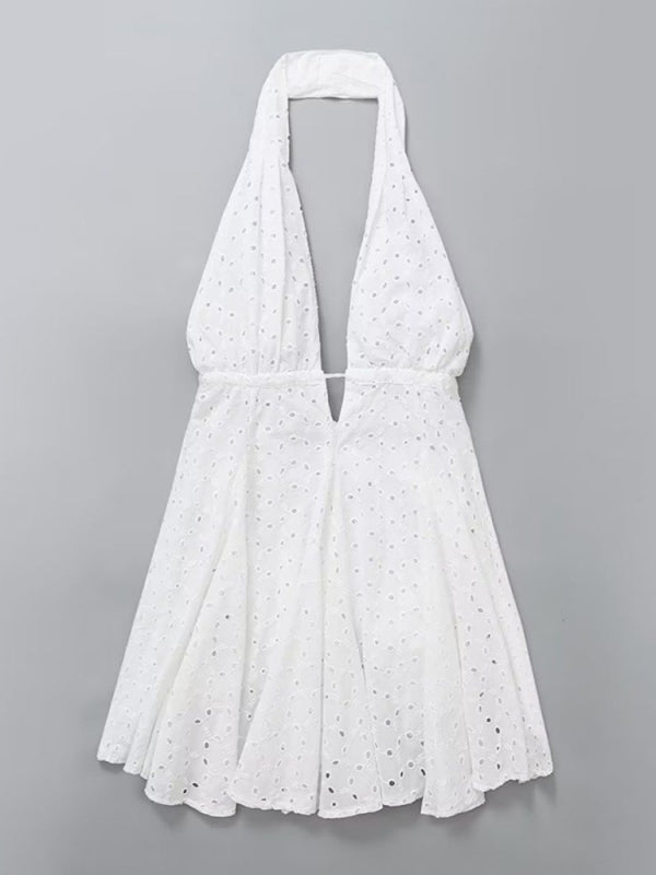 White Embroidered Cotton Halterneck Mini Dress - Backless Strappy Summer Style