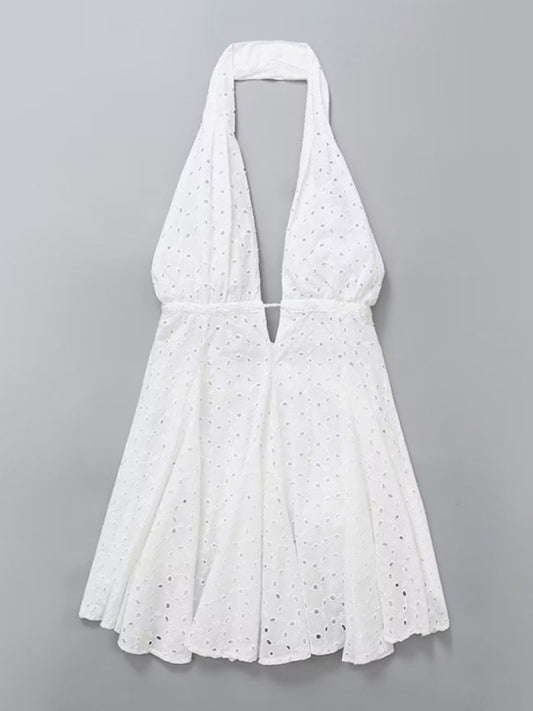 White Embroidered Cotton Halterneck Mini Dress - Backless Strappy Summer Style