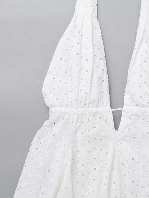 White Embroidered Cotton Halterneck Mini Dress - Backless Strappy Summer Style