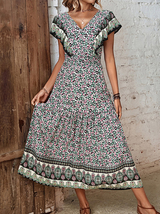 Boho Ruffled V-Neck Printed Dress – Lightweight Rayon, Flowy Fit