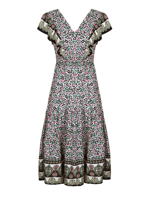 Boho Ruffled V-Neck Printed Dress – Lightweight Rayon, Flowy Fit